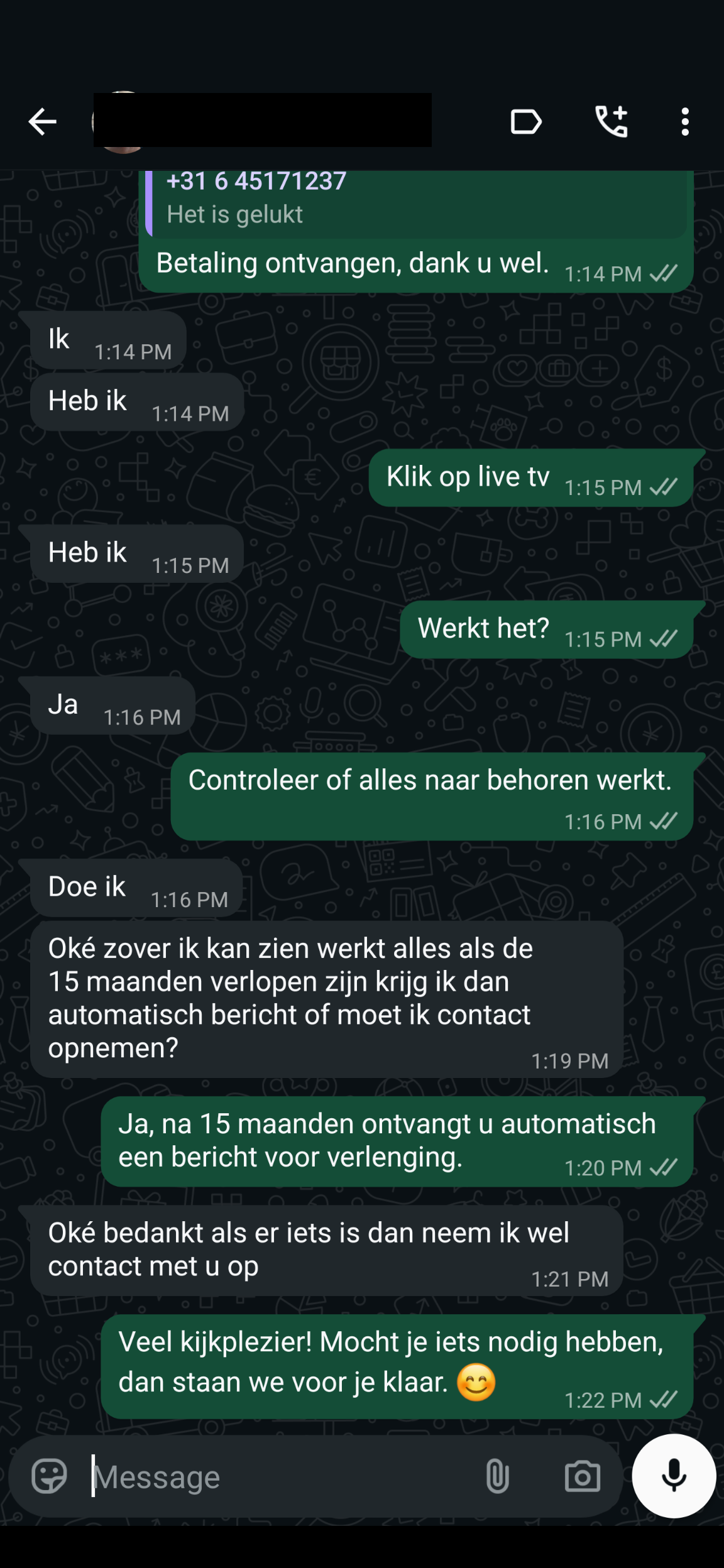 WhatsApp review van een tevreden IPTV Proefabonnement klant #2